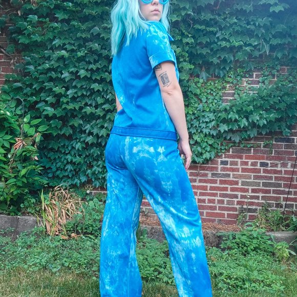Vintage 70s Blue Tie Dye Polyester Pant Suit - Picture 6 of 11